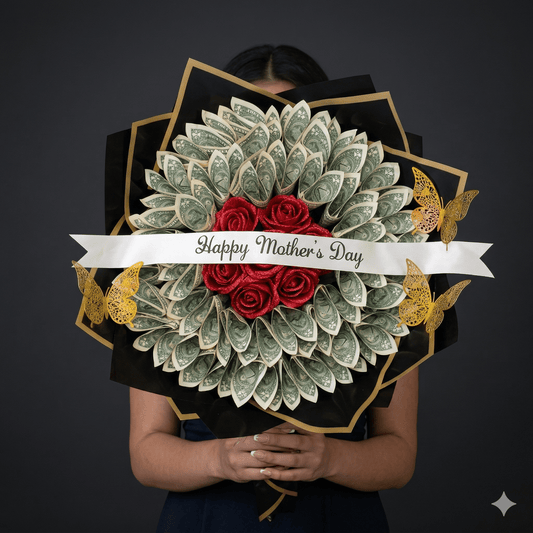 Money Bouquet – Happy Mother’s Day (Black Wrap & Red Roses) - Magic World Flowers