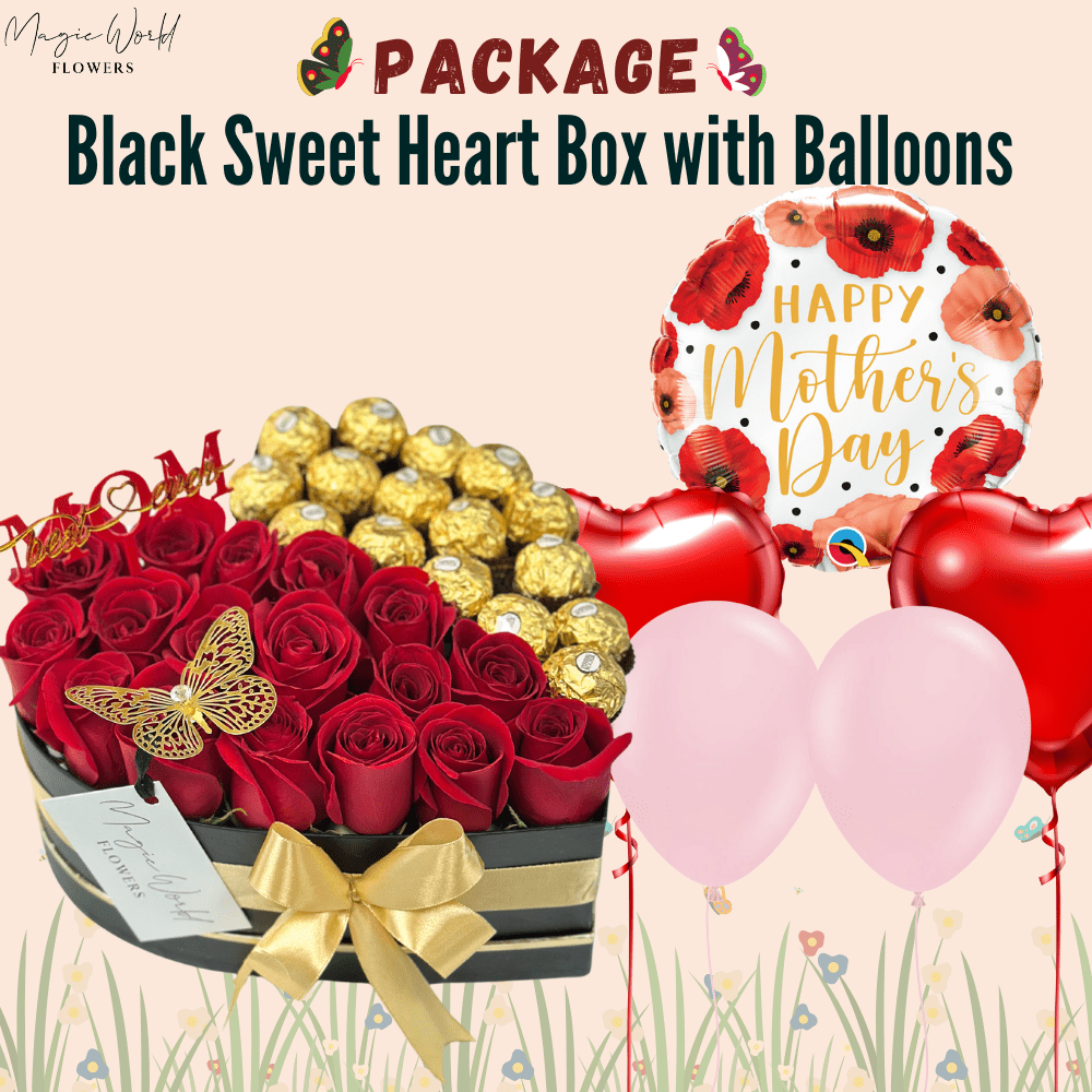 Mother’s Day Gift Package – Black Heart Box with “Happy Mother's Day” Balloons - Mother's Day Collection - Magic World Flowers