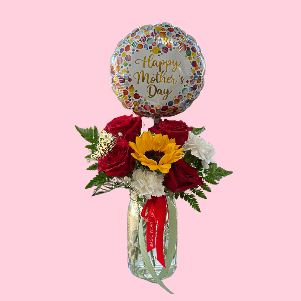 Mother’s Day Mason Jar – Red Roses, Sunflower & Balloon - Magic World Flowers