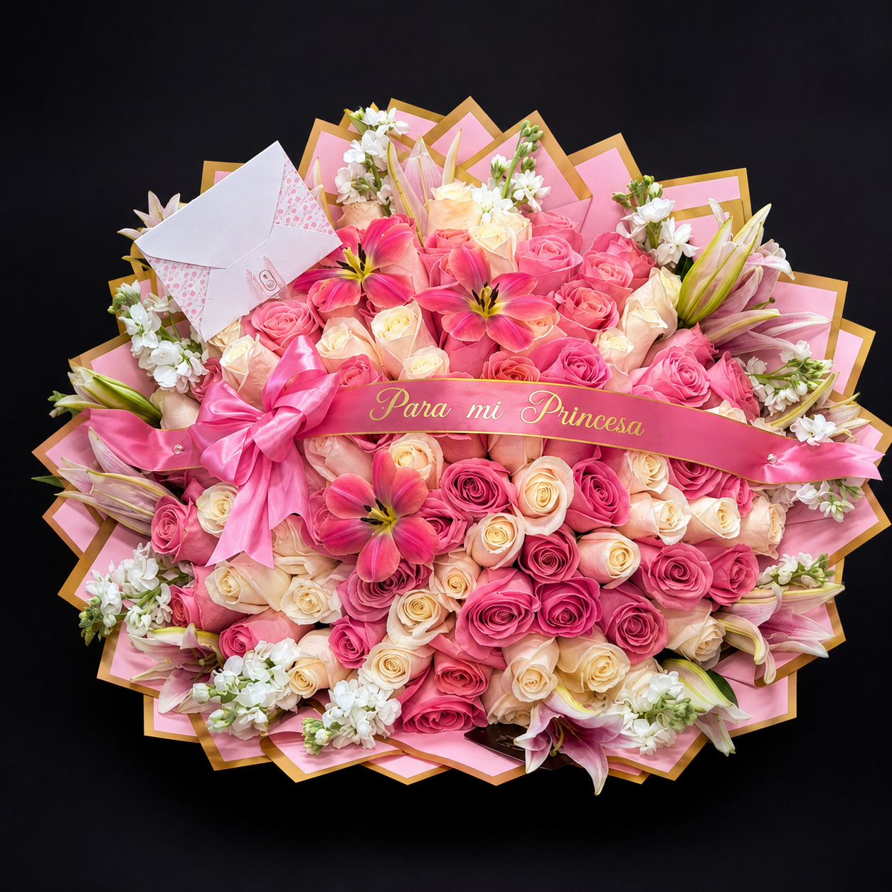 Pink and White Roses, Garden Rim and Tulips Touch Ramo Buchon - Magic World Flowers