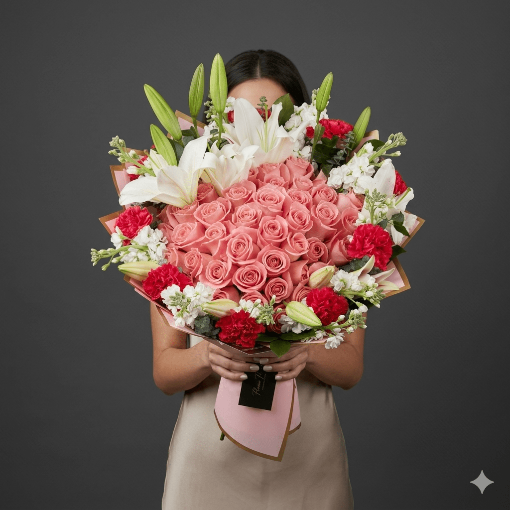 Pink Roses, Lilys & Carns Bouquet - Best Seller - Magic World Flowers