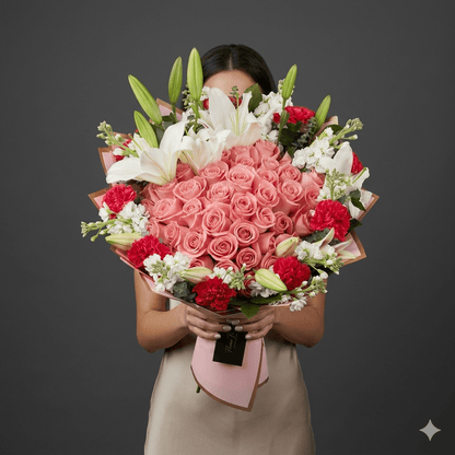 Pink Roses, Lilys & Carns Bouquet - Best Seller - Magic World Flowers