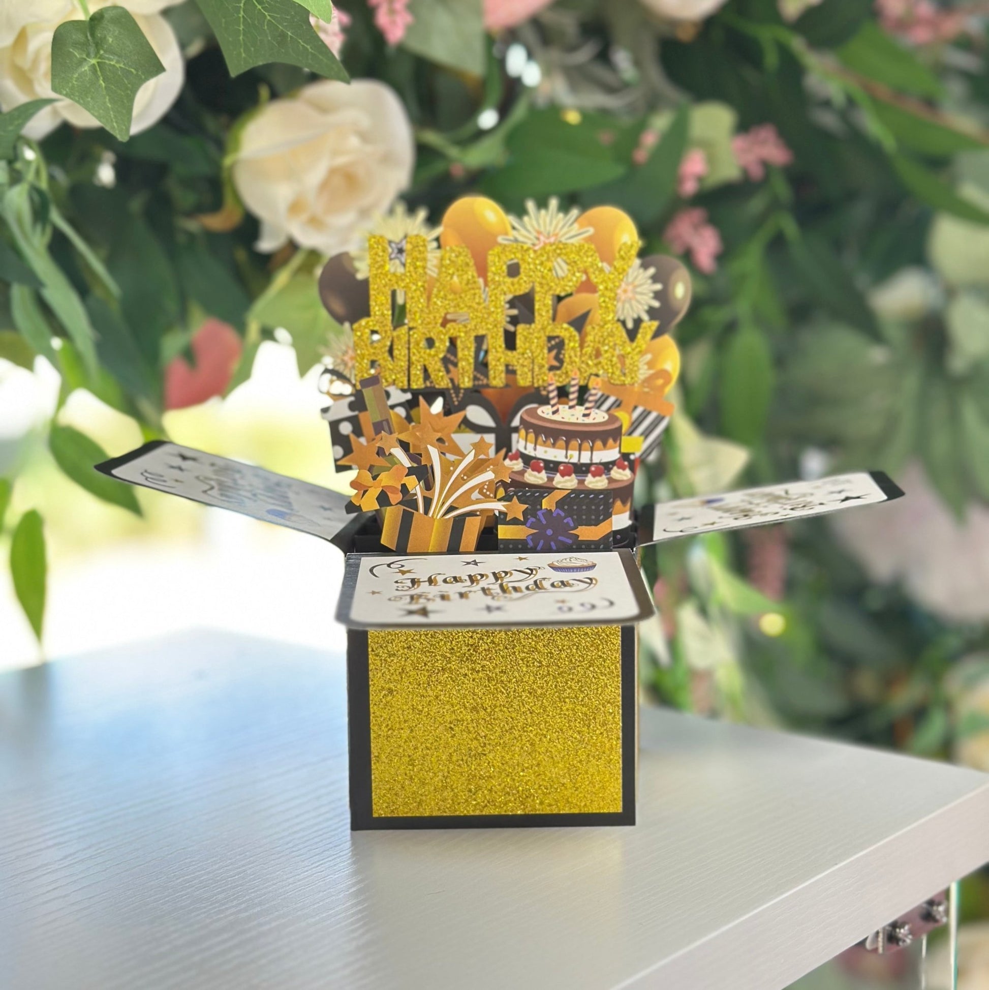 Pop Up Card - Happy Birthday/ Gold - Magic World Flowers