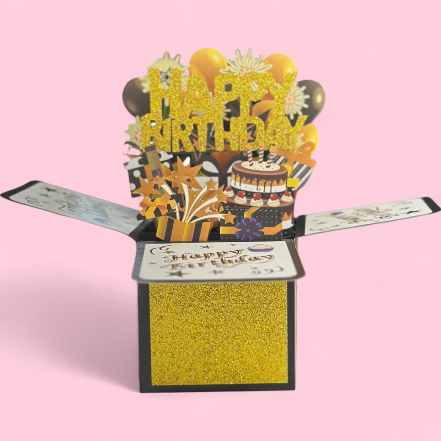 Pop Up Card - Happy Birthday/ Gold - Magic World Flowers