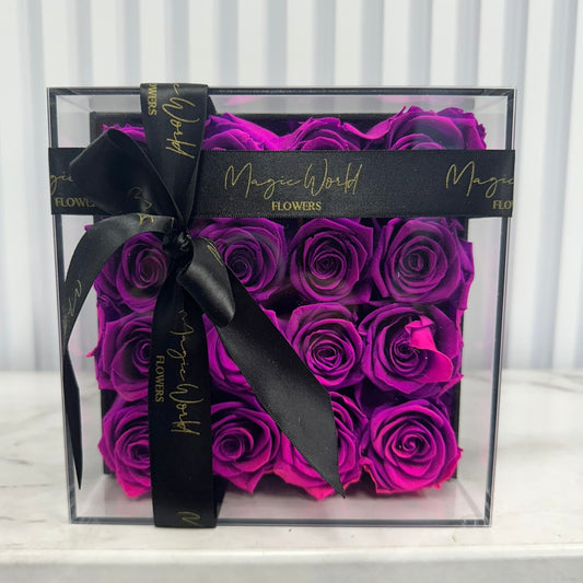 Purple Roses in Acrylic Box - Preserved Roses - Magic World Flowers