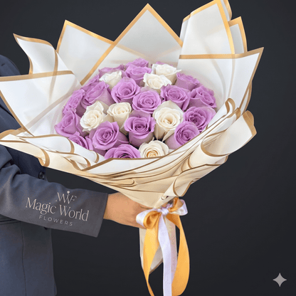 Ramo Buchon - Classic Hand Bouquet of Lavender & White Roses - Magic World Flowers
