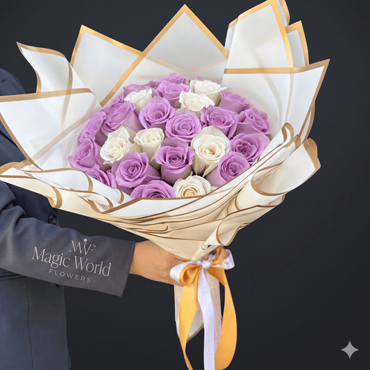 Ramo Buchon - Classic Hand Bouquet of Lavender & White Roses - Magic World Flowers