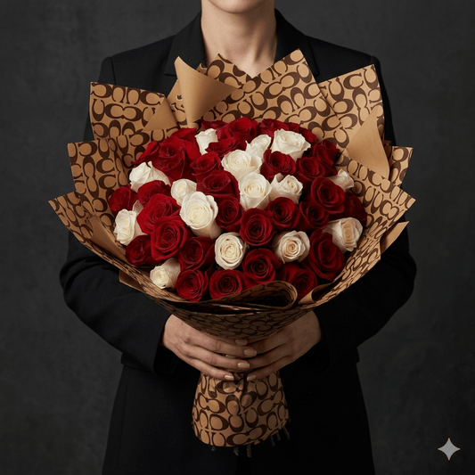 Ramo Buchon - Classic Hand Bouquet of White & Red Roses - Magic World Flowers