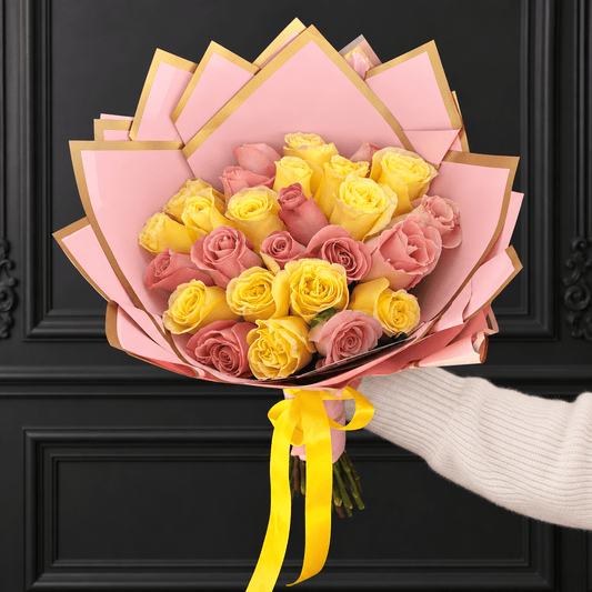 Ramo Buchon of Yellow & Pink Roses - Flores Amarillas Collection - Magic World Flowers