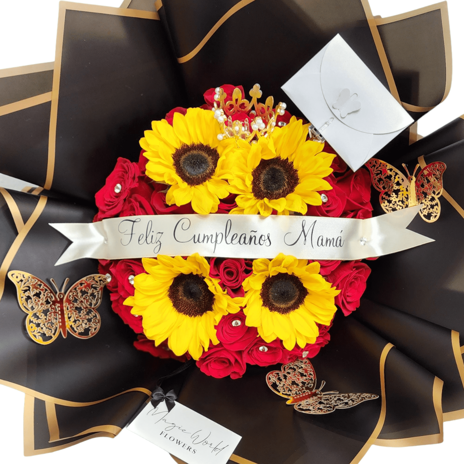 Ramo Buchon - Sunflowers 'n' Roses Hand Bouquet - Magic World Flowers