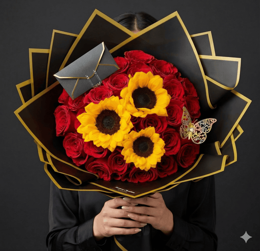 Ramo Buchon - Sunflowers 'n' Roses Hand Bouquet - Magic World Flowers