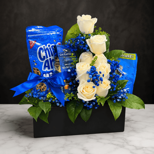 Royal Blue & White Roses Sweet Gift Box - Magic World Flowers