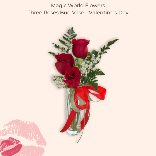 Three Roses Bud Vase - Valentine's Day - Magic World Flowers
