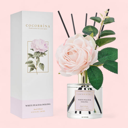 White Peach & Oolong Reed Diffuser – Floral Decor Scent by Cocorrína - Magic World Flowers